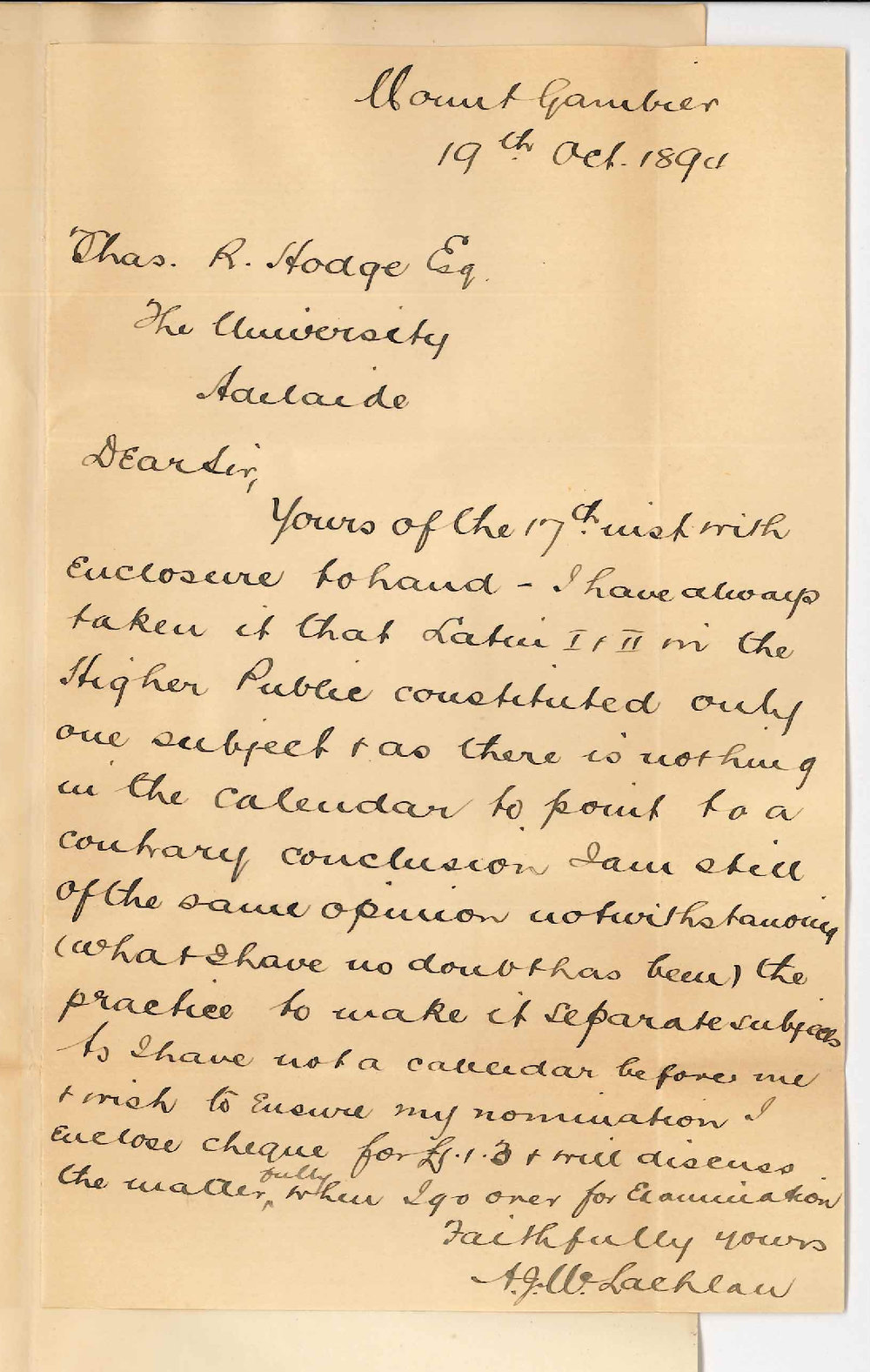 Alexander John McLachlan - Mount Gambier - Forwards Fee for Latin Part Two Higher Public Exam etc