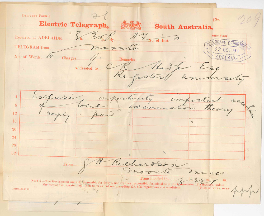 George H Richardson - Moonta Mines - Wishes to Know if Theory of Music Exam to be Held Locally