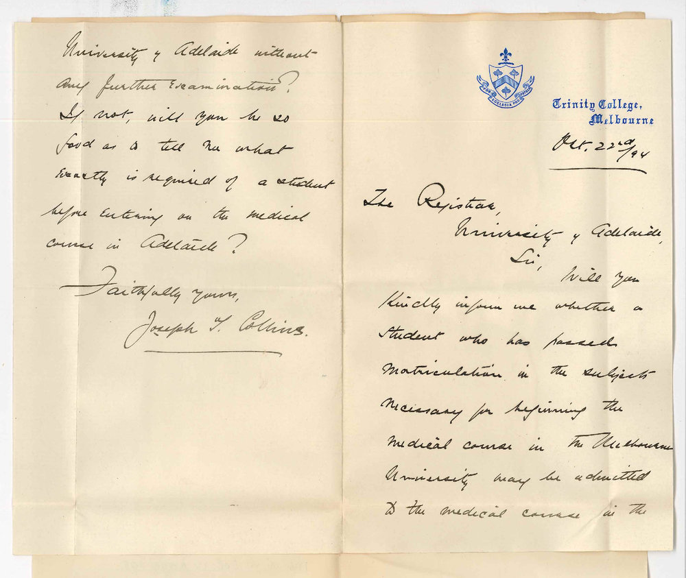 Joseph T Collins - Trinity College - Melbourne - Regarding Melbourne Matriculation Examination in its Relation to the Preliminary Medical  Exam of this University