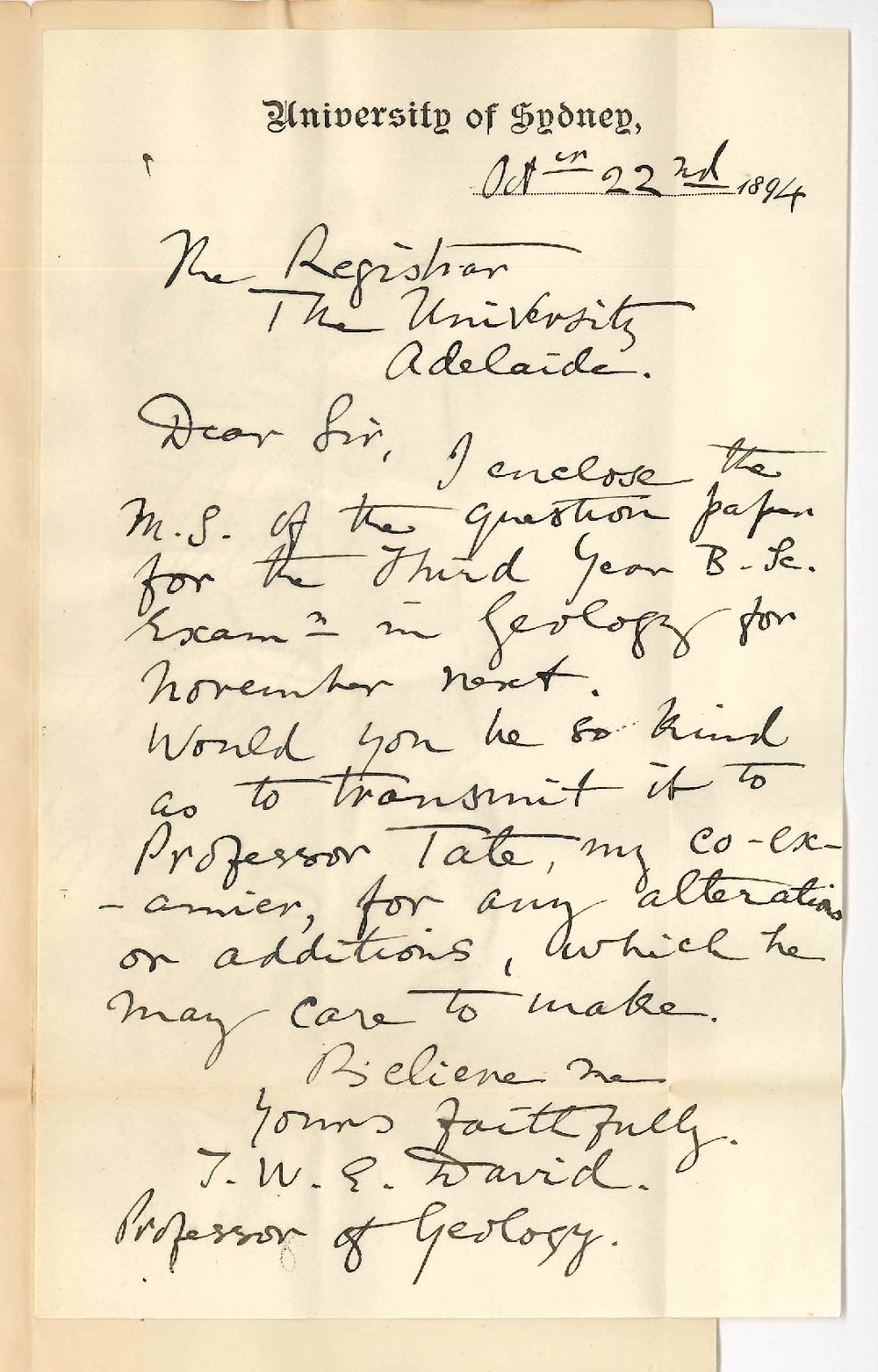 Professor Tannatt William Edgeworth David - University of Sydney - Forwards Exam paper on Geology third year BSc