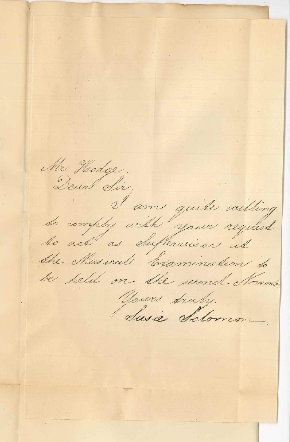 Miss Susie Solomon - Barton Terrace North Adelaide - Will act as Supervisor Theory of Music Exam