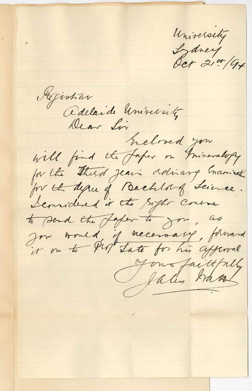 J Alex Watt - University of Sydney - Forwards Examination Paper on Mineralogy Third Year BSc November 1894