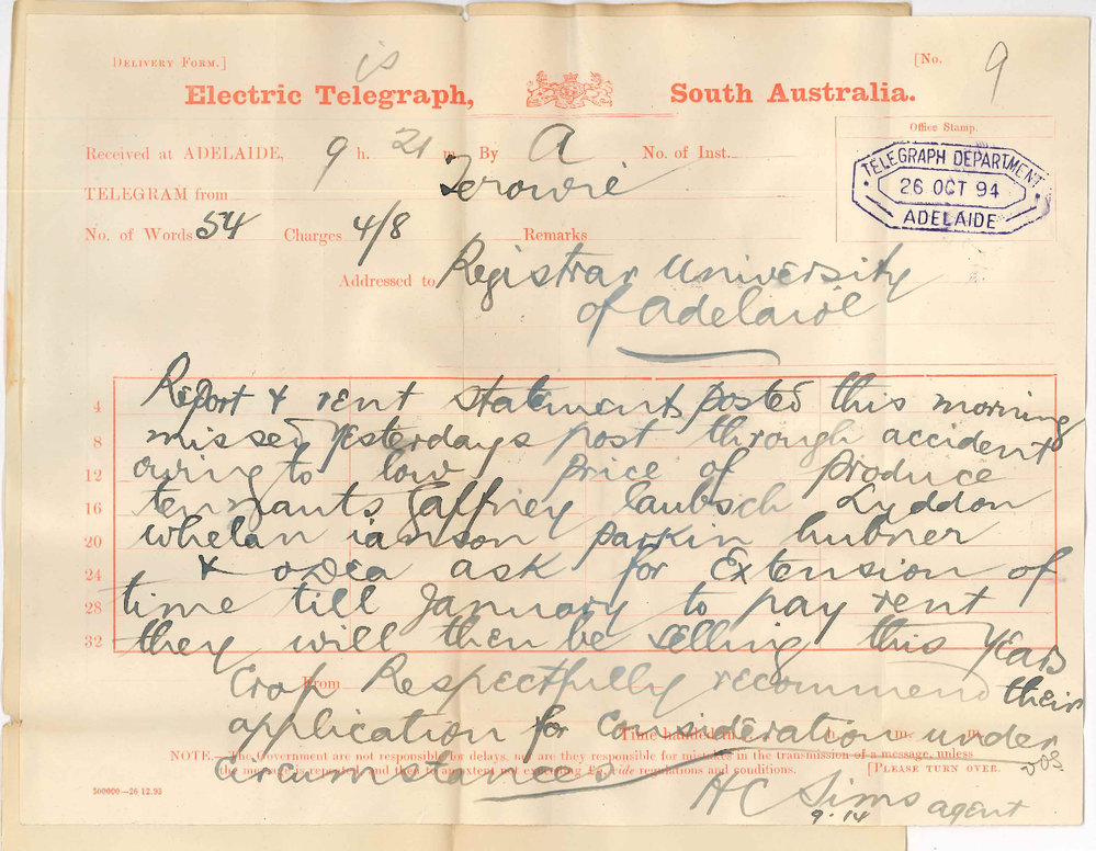 HC Sims - Land, Estate &amp; General Commission Agent - Terowie - Report re tenants at Parnaroo States letter to follow