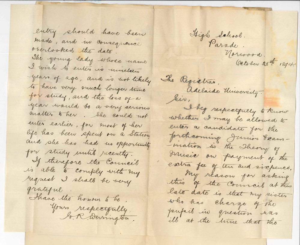 Miss G R Werrington - High School Norwood - Requests Permission to Enter a Candidate for Theory of Music Exam