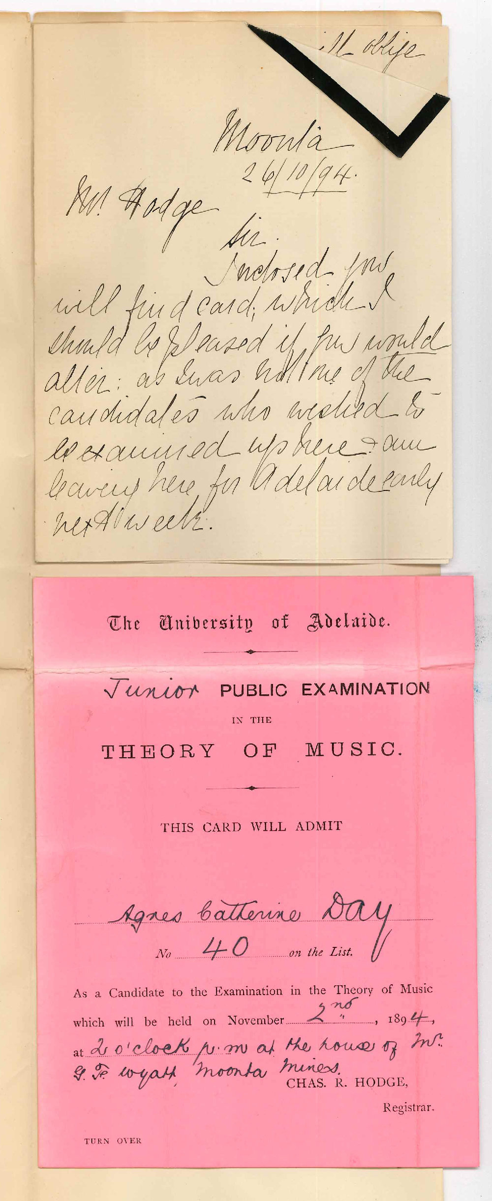 Miss Agnes C Day - Moonta - Returns Card for Local Exam - Wishes to be Examined in Adelaide