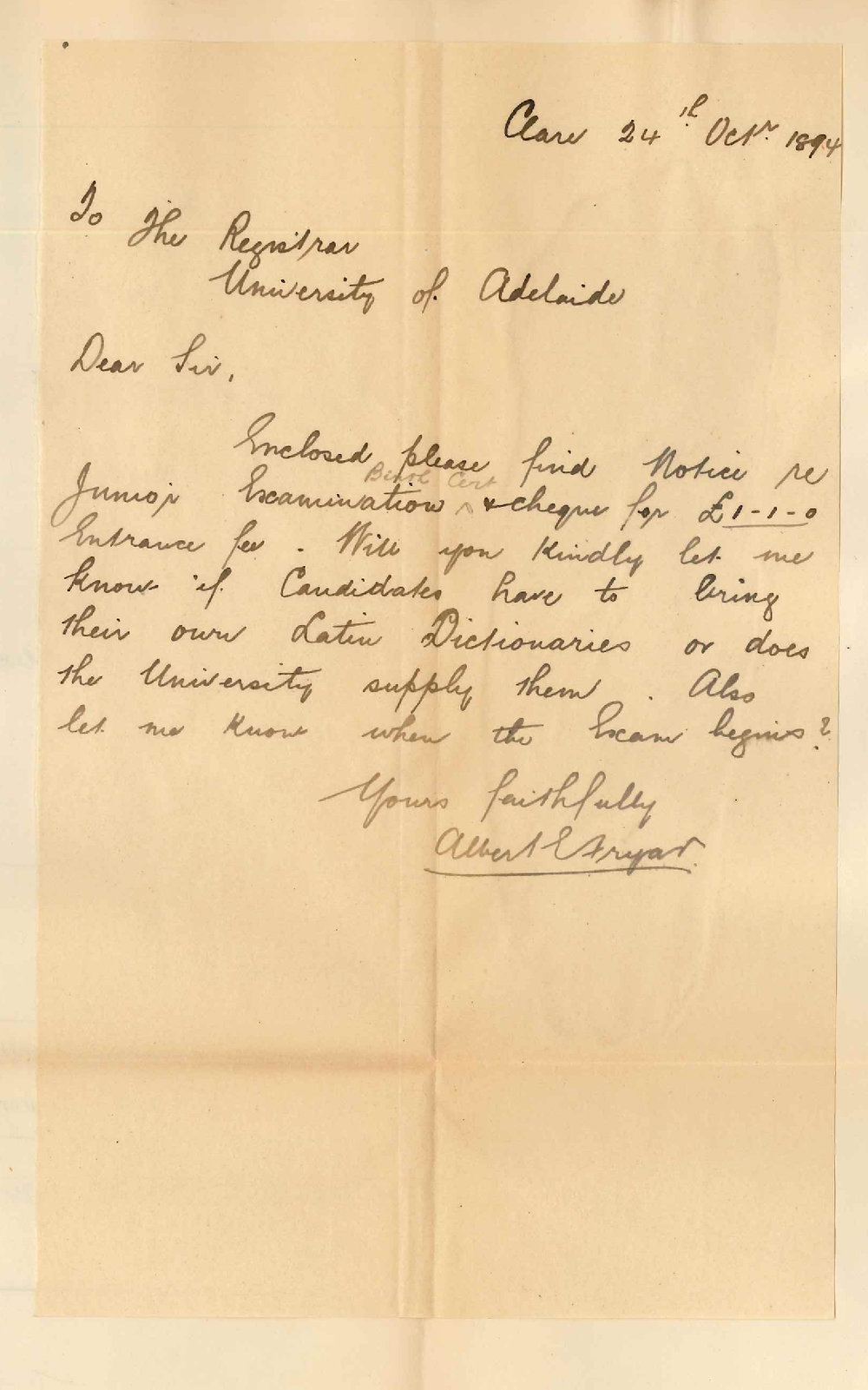 Albert E Fryar - Clare - Regarding Junior Public Exam November 1894