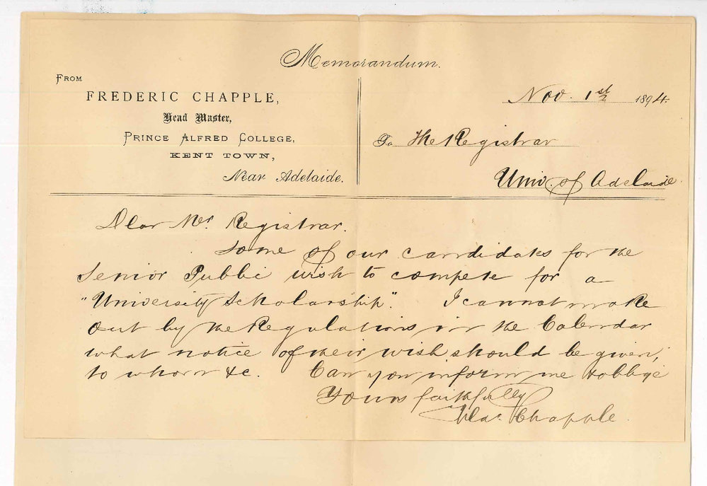 Frederic Chapple - Prince Alfred College - Kent Town - Notice to be Given by Candidates Who Wish to Compete for University Scholarships 1895