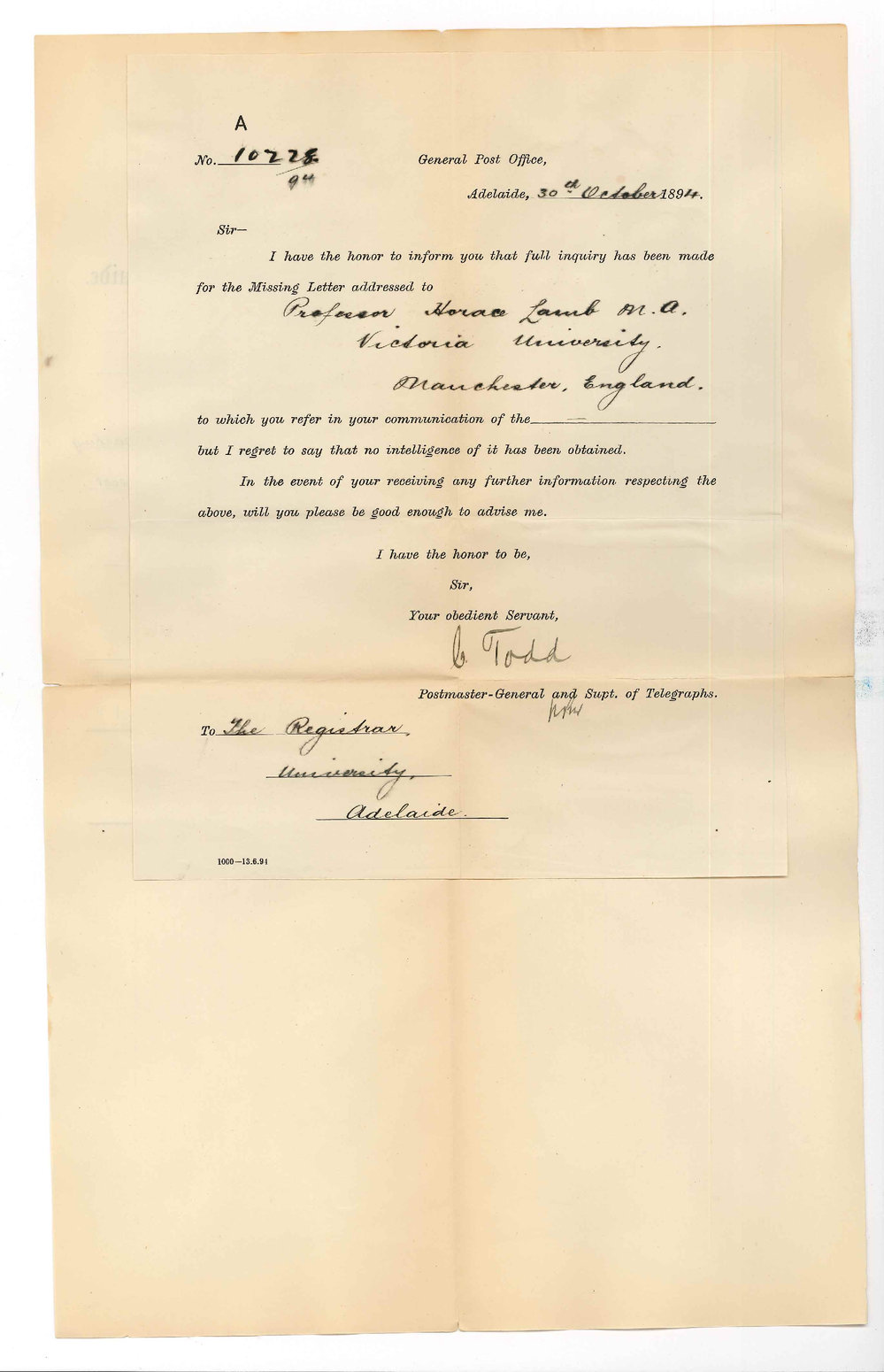 Sir Charles Todd - Postmaster General - No Intelligence Obtained Regarding Missing Letter Addressed to Professor Horace Lamb
