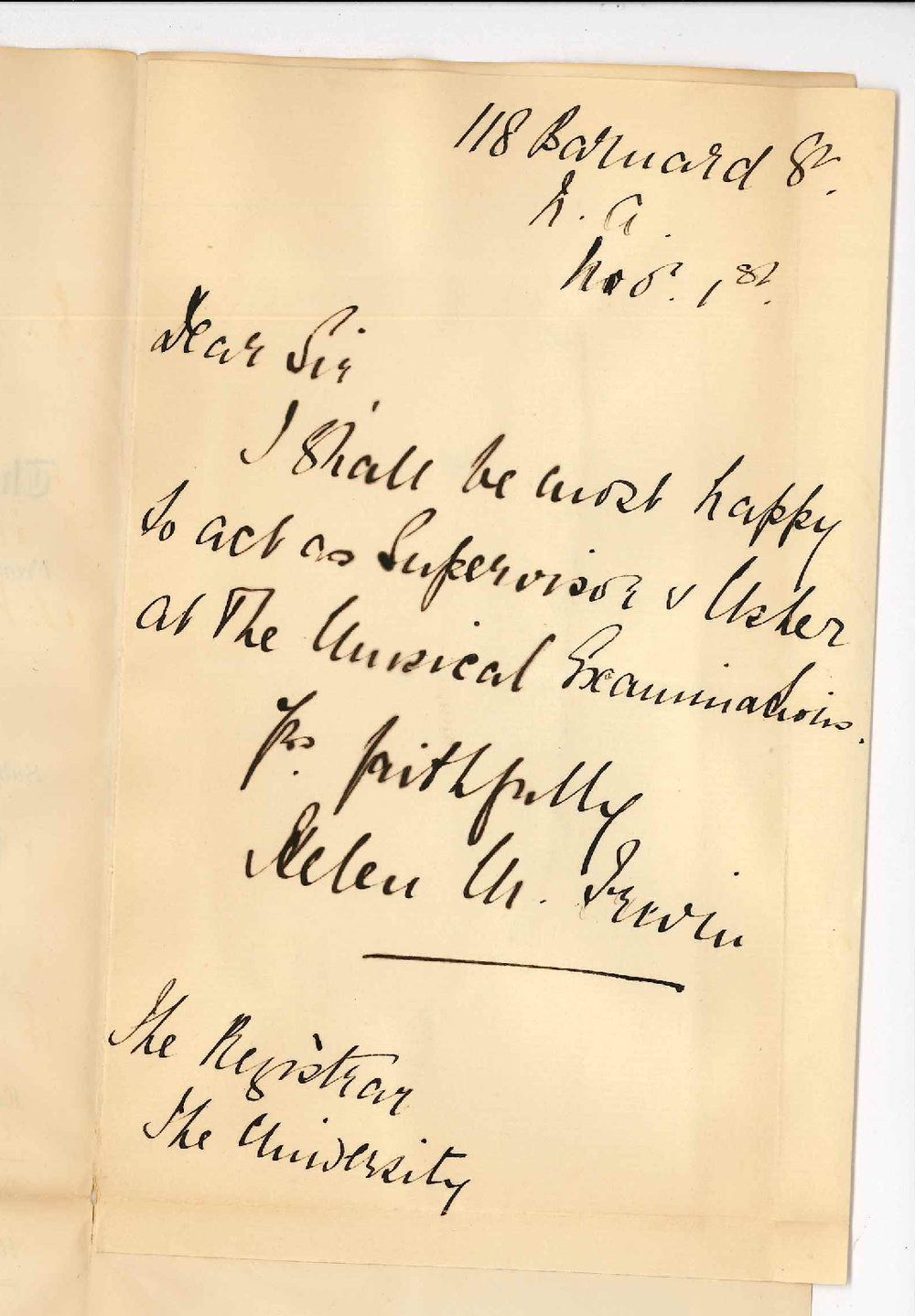 Mrs Helen M Irwin - Barnard Street North Adelaide - Consents to act as Supervisor and Usher Music Exams 1894