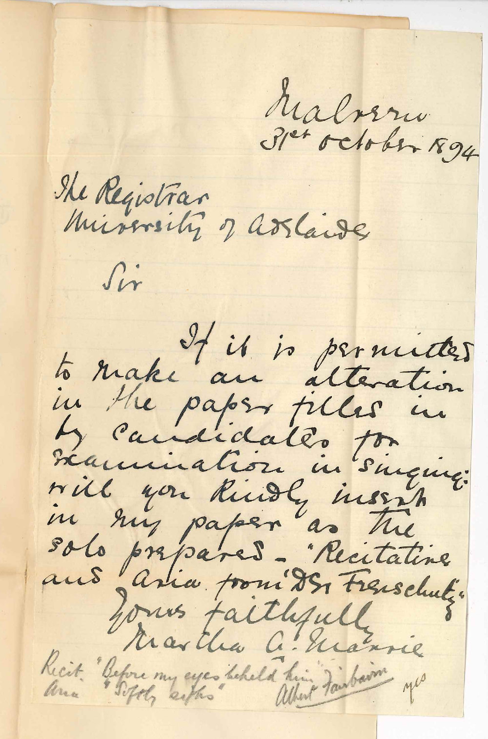 Miss Martha A Marrie - Malvern - Wishes to Change Piece for Singing Music Exam