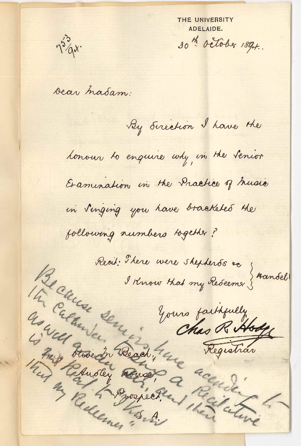 Miss Olive M Beach - Audley House Prospect - Regarding Piece Selected for Senior Practice Music Exam