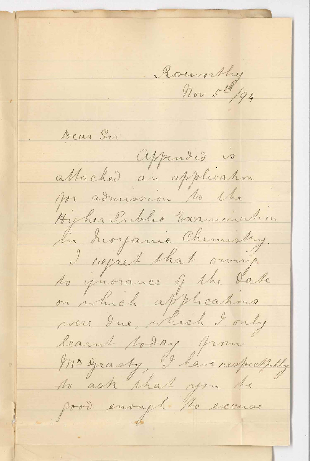 E F McBain - Roseworthy - Requests that Late Entry for Higher Public Exam May be Received