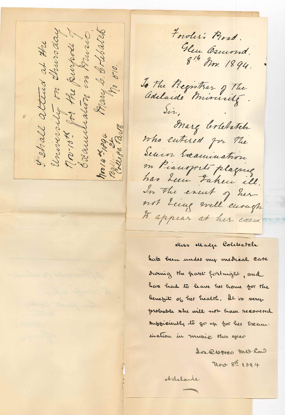 Miss Florence N Merrett - Glen Osmond - Concerning Illness of Mary Colebatch a Candidate for Senior Pianoforte Playing