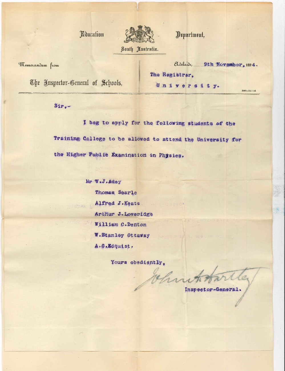 John Anderson Hartley - Inspector General of Schools - Applies for Training College Students to be Admitted to Higher Public Exam in Physics November 1894