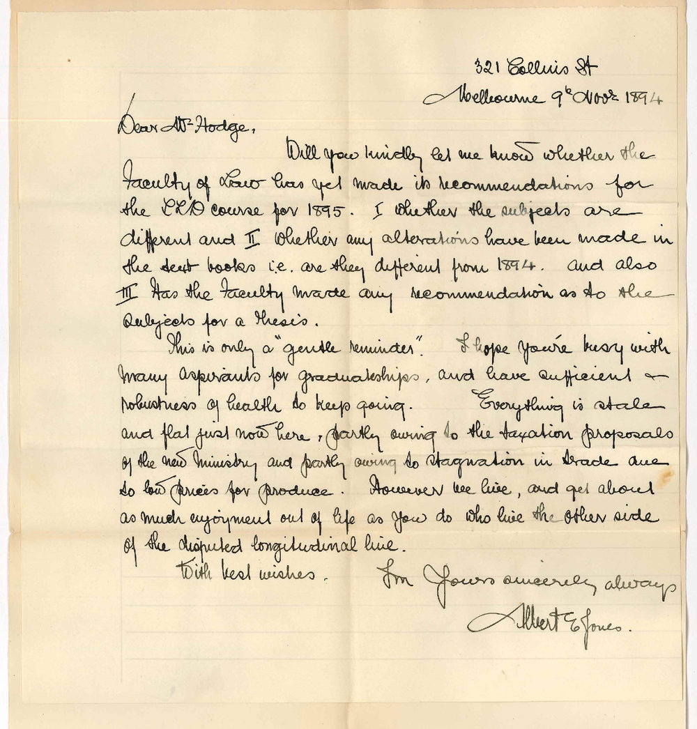 Albert E Jones - 321 Collins Street Melbourne - Subjects LLD Course 1895 etc