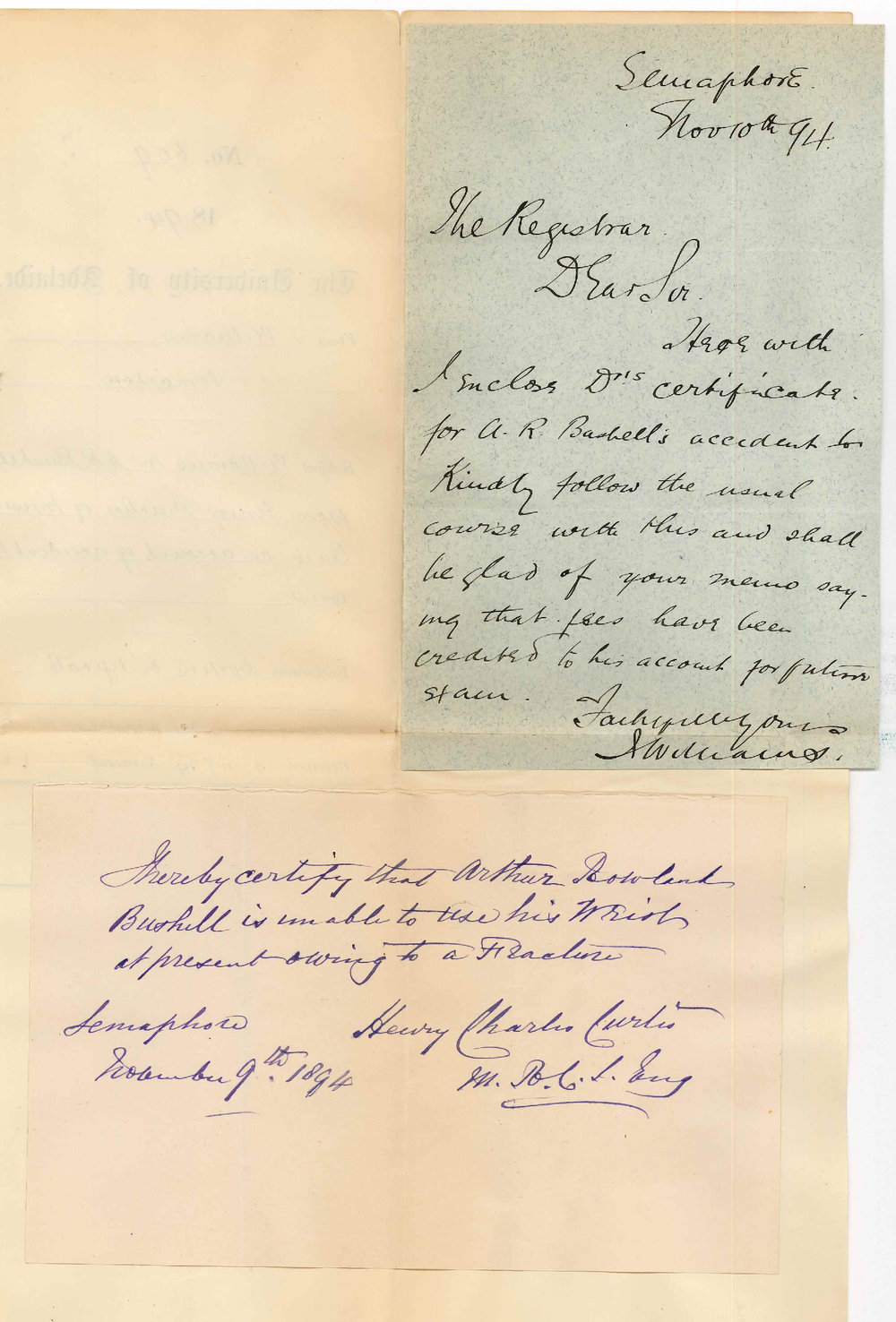 J Williams - Semaphore - Withdraws Mr A R Bushell from Senior Practice of Music Exam on Account of Accident to Wrist