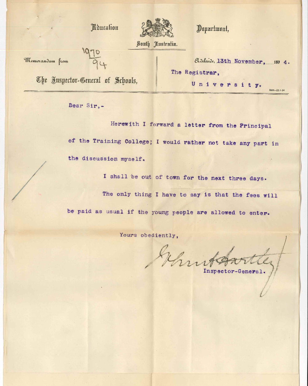 John Anderson Hartley - Inspector General of Schools - Concerning Admittance of Training College Students to Physics Examination