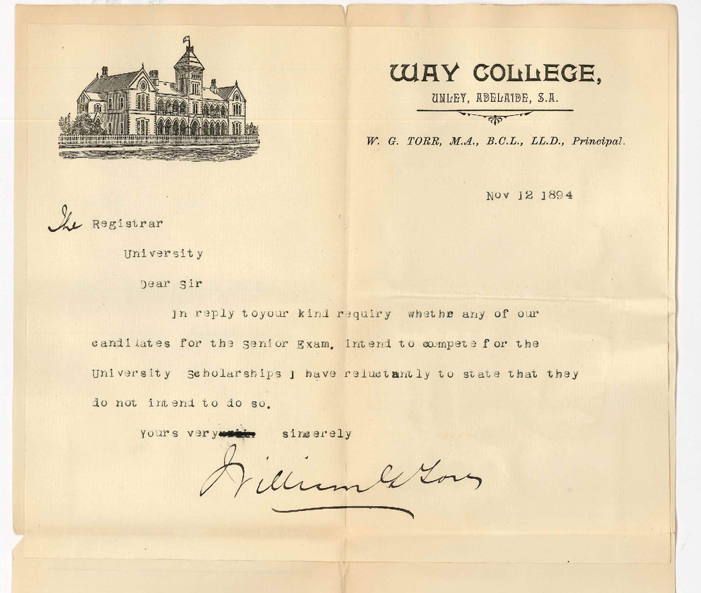 William G Torr - Way College - Unley - States no Candidates for University Scholarships