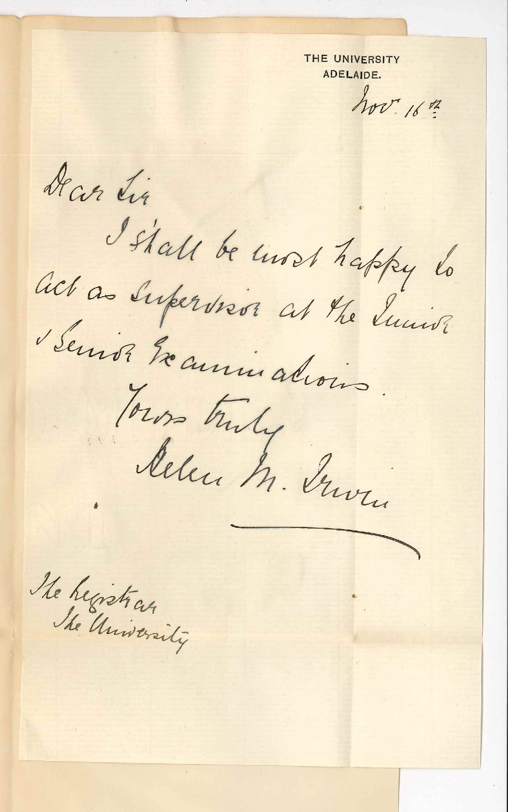 Mrs Helen M Irwin - The University - Consents to act as Supervisor Junior and Senior Public Examinations November 1894
