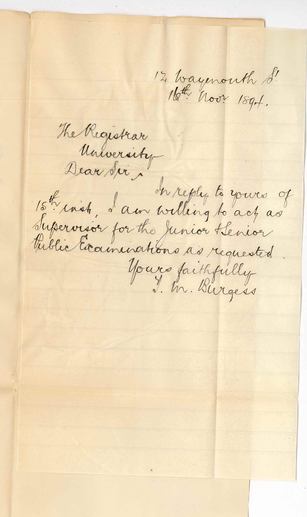 Thomas Martin Burgess - Waymouth Street Adelaide - Consents to act as Supervisor Junior and Senior Public Examinations November 1894