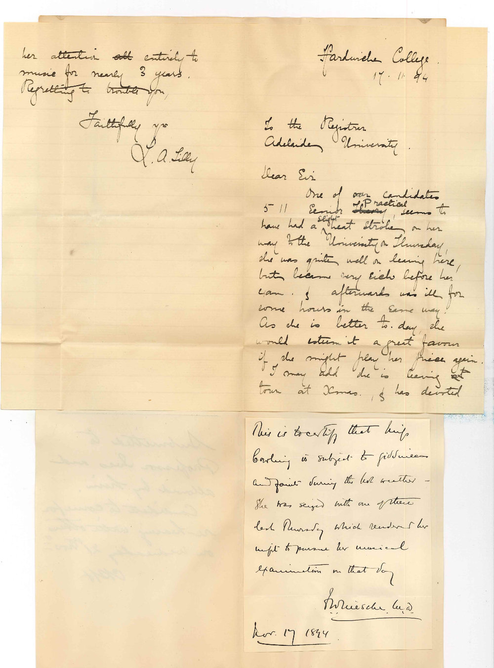 Miss Lucy Agnes Tilly - Hardwicke College - Concerning Candidate Number 511 at Senior Practice Music Exam - Asks that Candidate May be Re-Heard