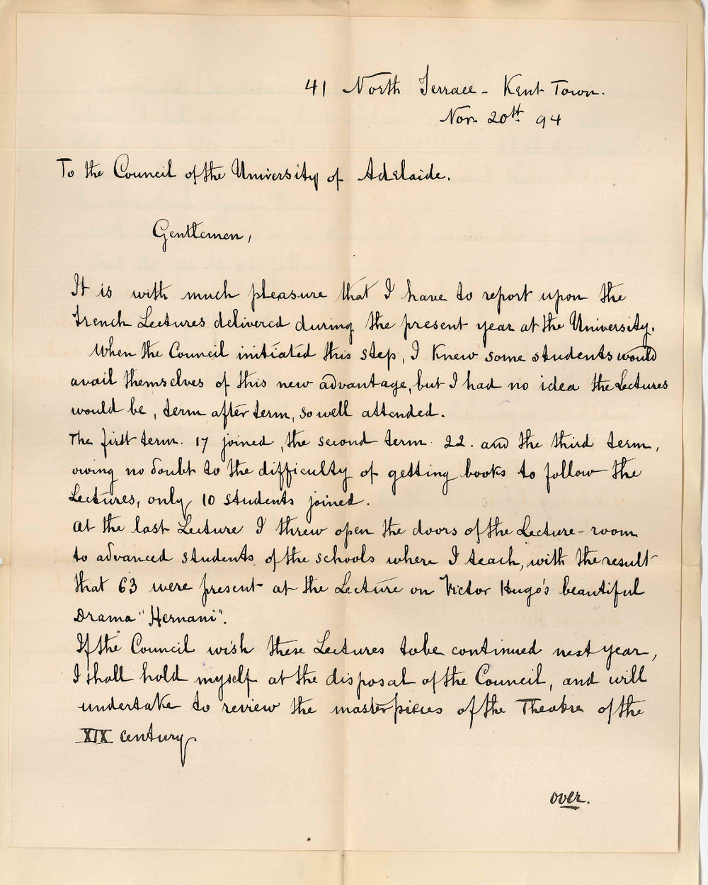 A I Calais - 41 North Terrace Kent Town - Report concerning the French lectures delivered during the year