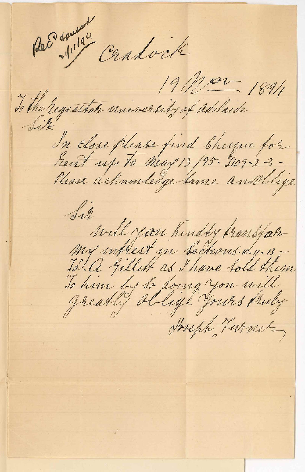 Joseph Turner - Cradock - Payment of Rent