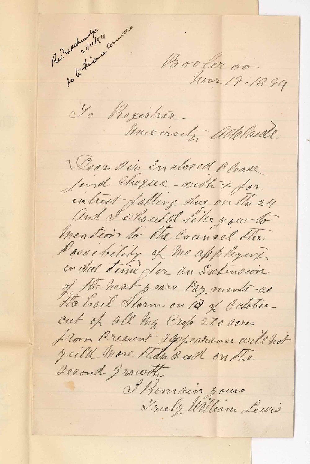 William Lewis - Booleroo - Payment of Interest Extension of time for payment next Interest
