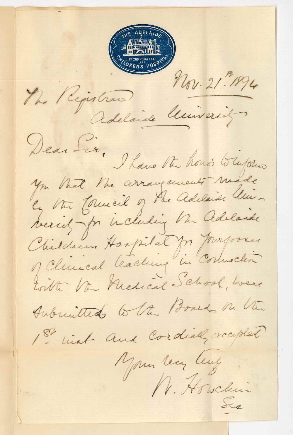 Walter Howchin - Secretary - Adelaide Children's Hospital - Recognition of Children's Hospital by the University