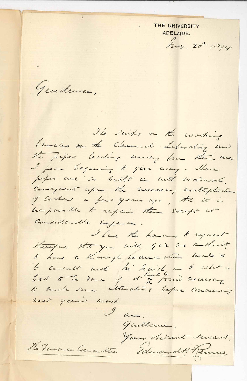 Professor Edward Henry Rennie - The University - Defective Sinks