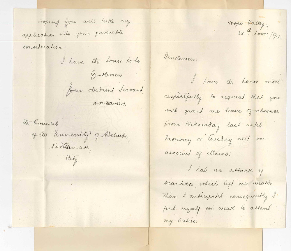 Herbert Henry Davies - Hope Valley - Request for leave of absence