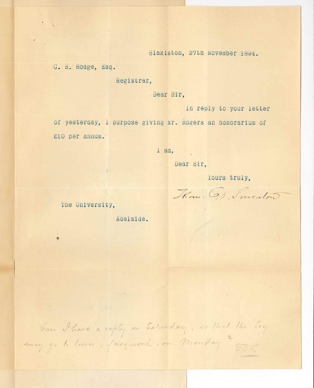 Thomas Drury Smeaton - Blakiston - Re payment of Premium to Mr Rogers for tuition of boy in Mechanical Laboratory