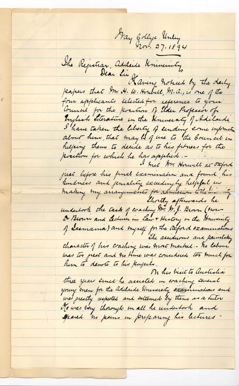 Dr William Torr - Way College - Unley - In support of Reverend H W Horwill Candidate for English Chair