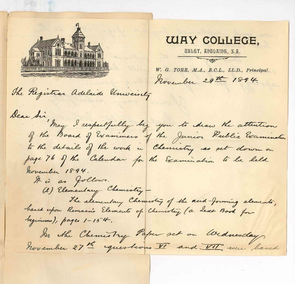 Frederick William Wheatley - Way College - Unley - Regarding Junior Public Examination in Chemistry