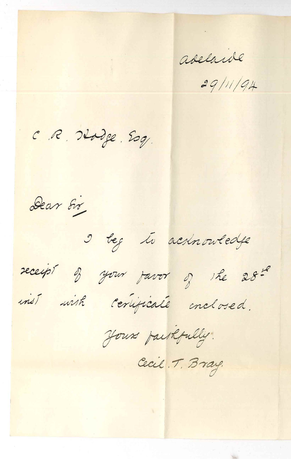 Cecil Thomas Bray - Adelaide - Acknowledging receipt and certificate