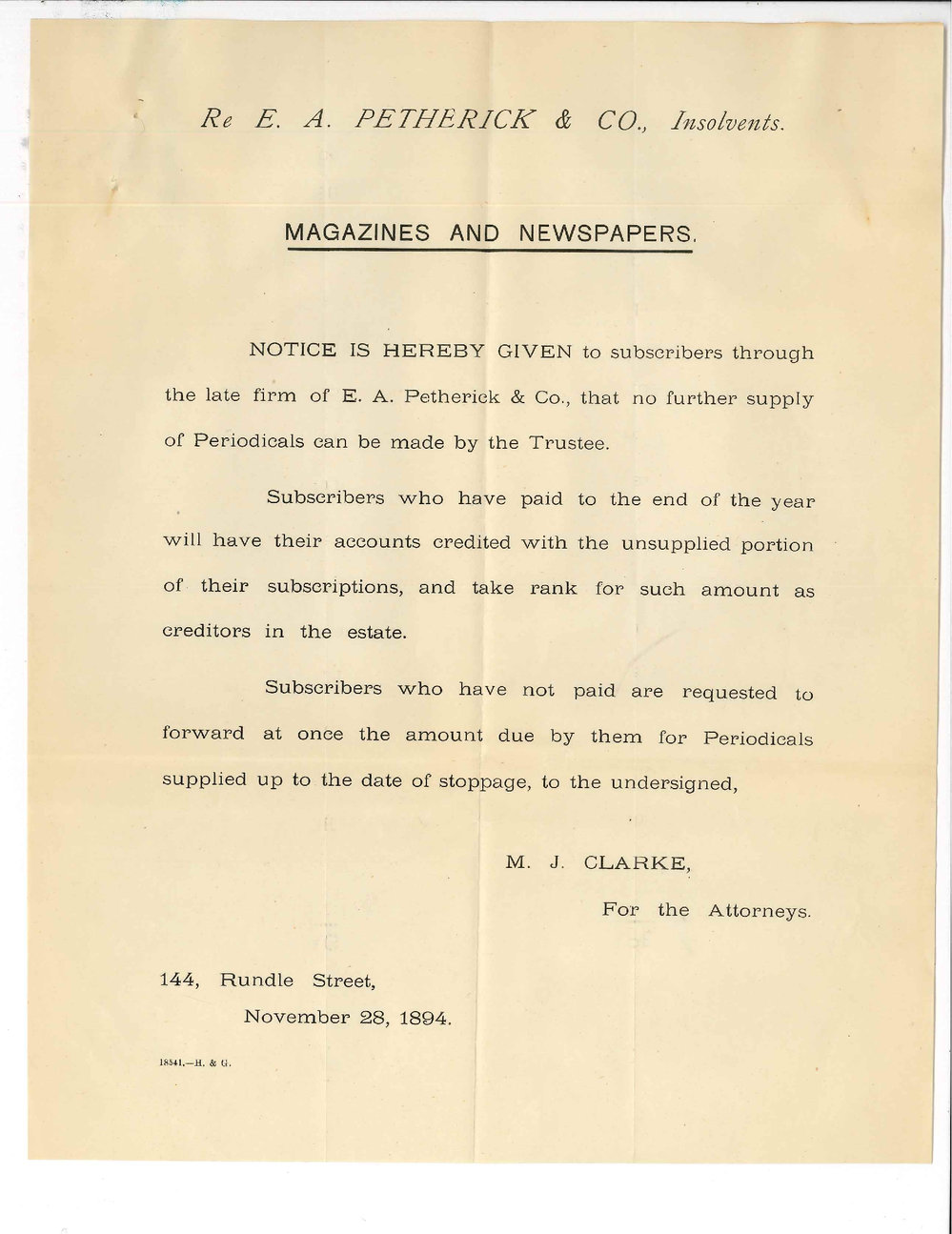 M J Clarke - Rundle Street Adelaide - Regarding Periodicals