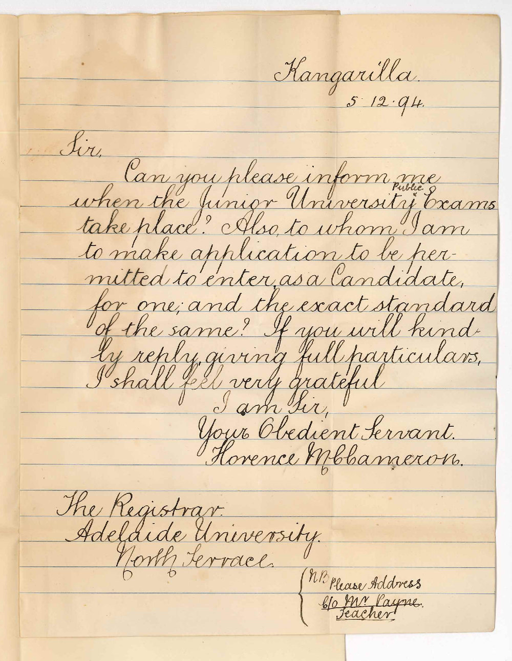 Miss Florence M C Cameron - Kangarilla - Information Regarding Junior Public Examinations