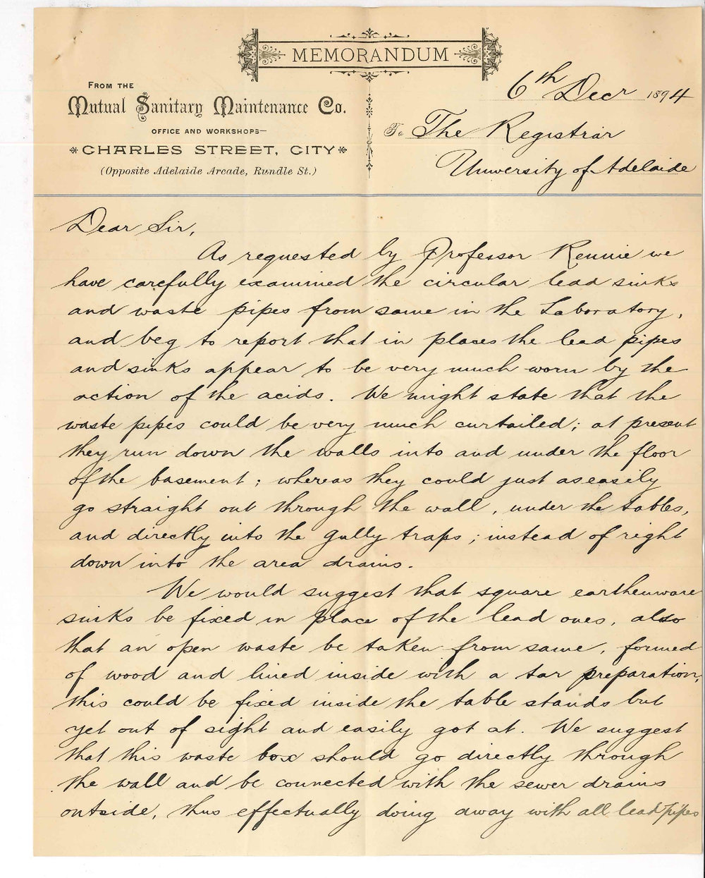 Mutual Sanitary Maintenance Company - Charles Street City - Report on sink in the Chemical Laboratory
