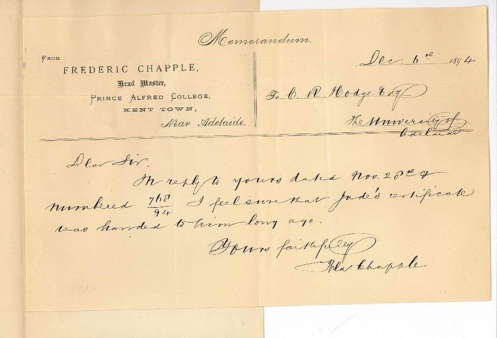 Frederic Chapple - Prince Alfred College - With reference to Mr Judes Senior Certificate