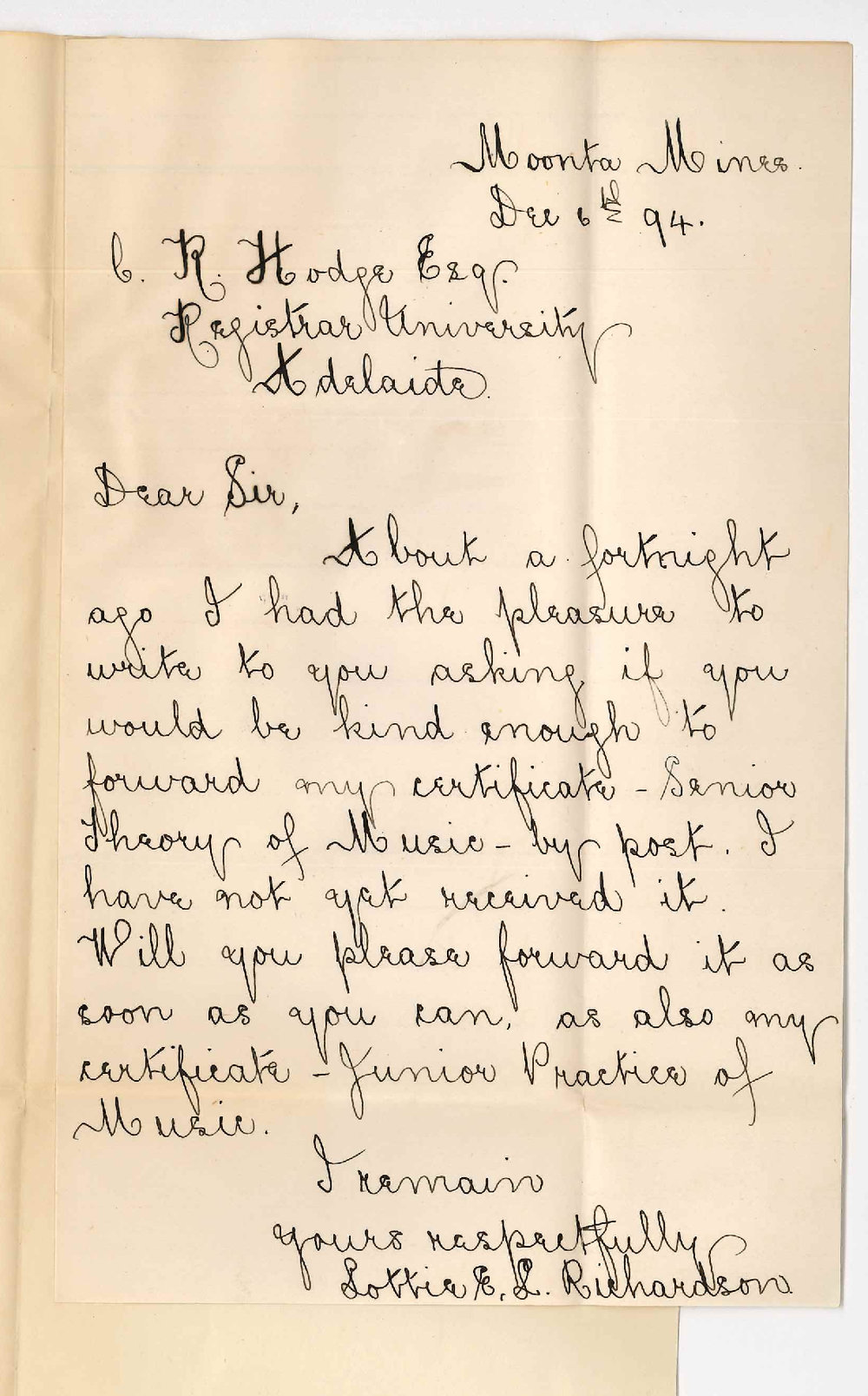 Miss Charlotte Emily Lidbetter Richardson - Moonta Mines - Re forwarding Certificates