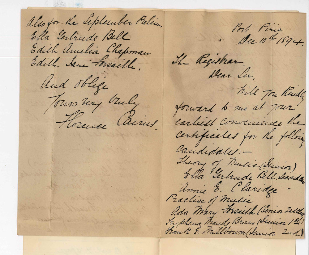 Florence Cairns - Port Pirie - Re the forwarding of Certificates