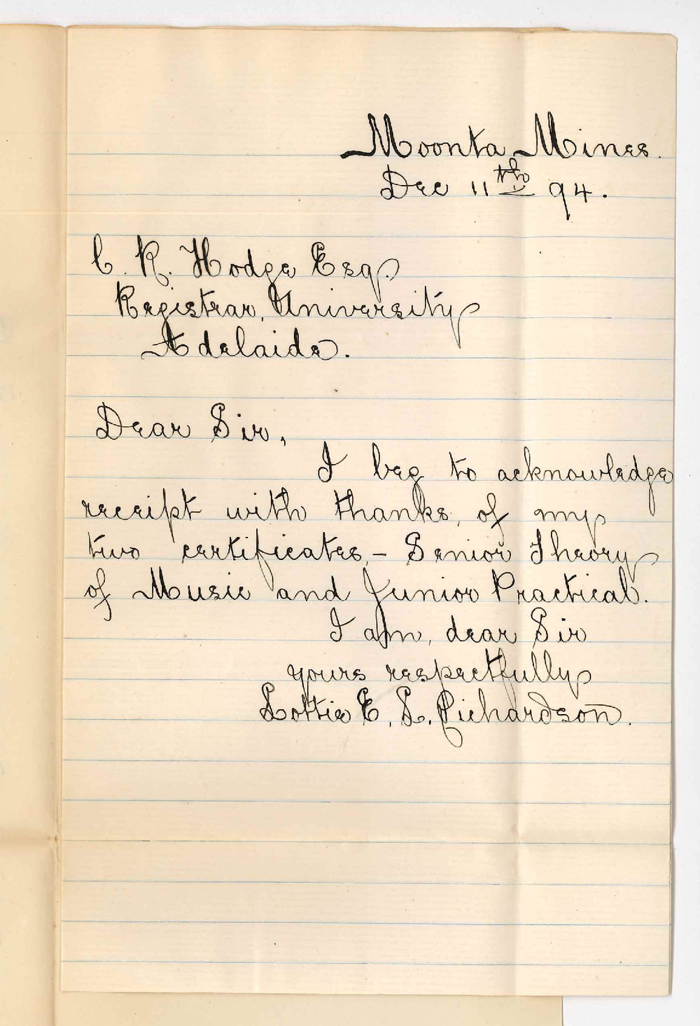 Miss Charlotte Emily Lidbetter Richardson - Moonta Mines - Acknowledgement of receipt of Certificates