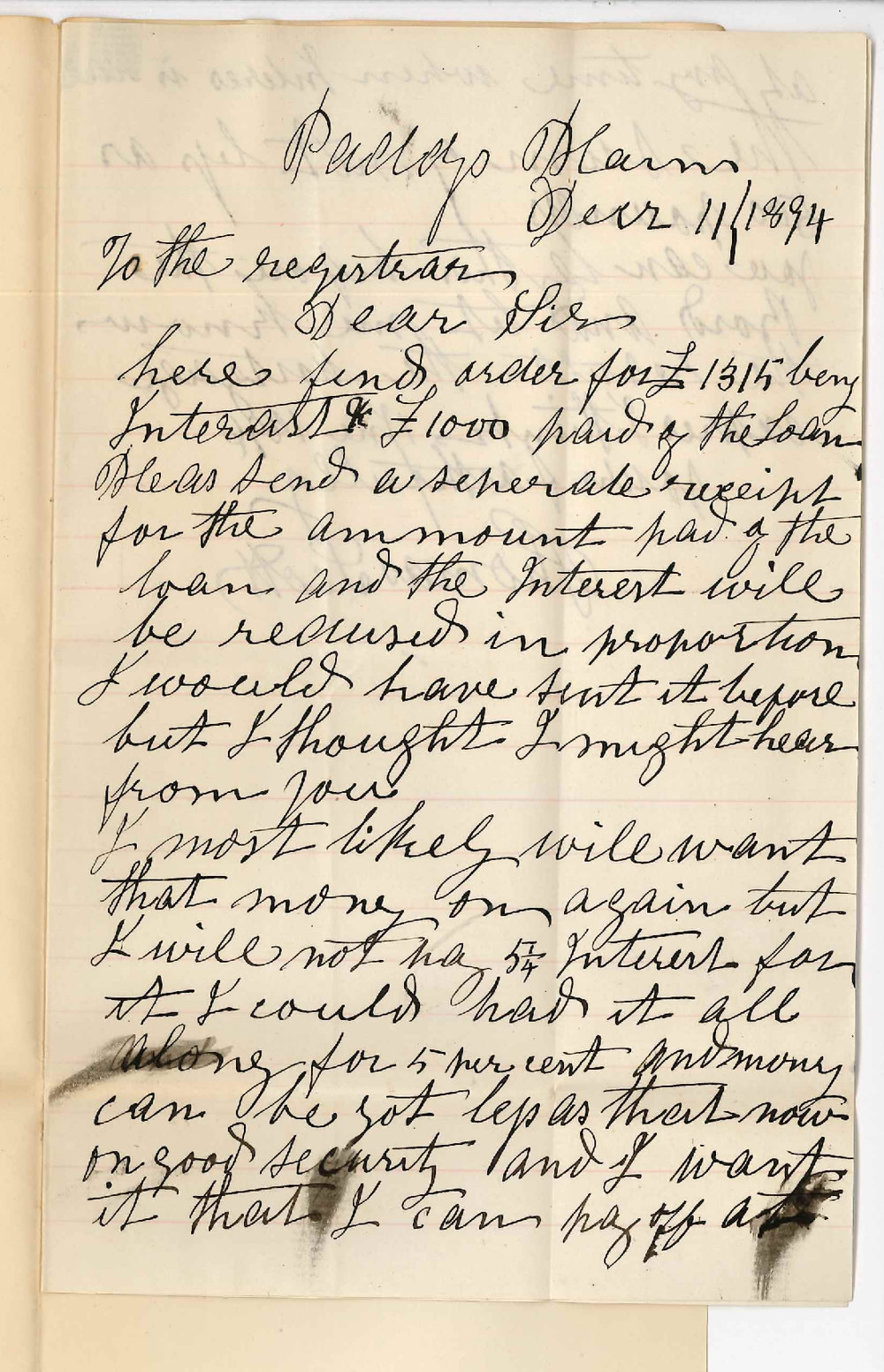 Thomas Scott - Paddys Plains - Payment of Interest and part of Loan