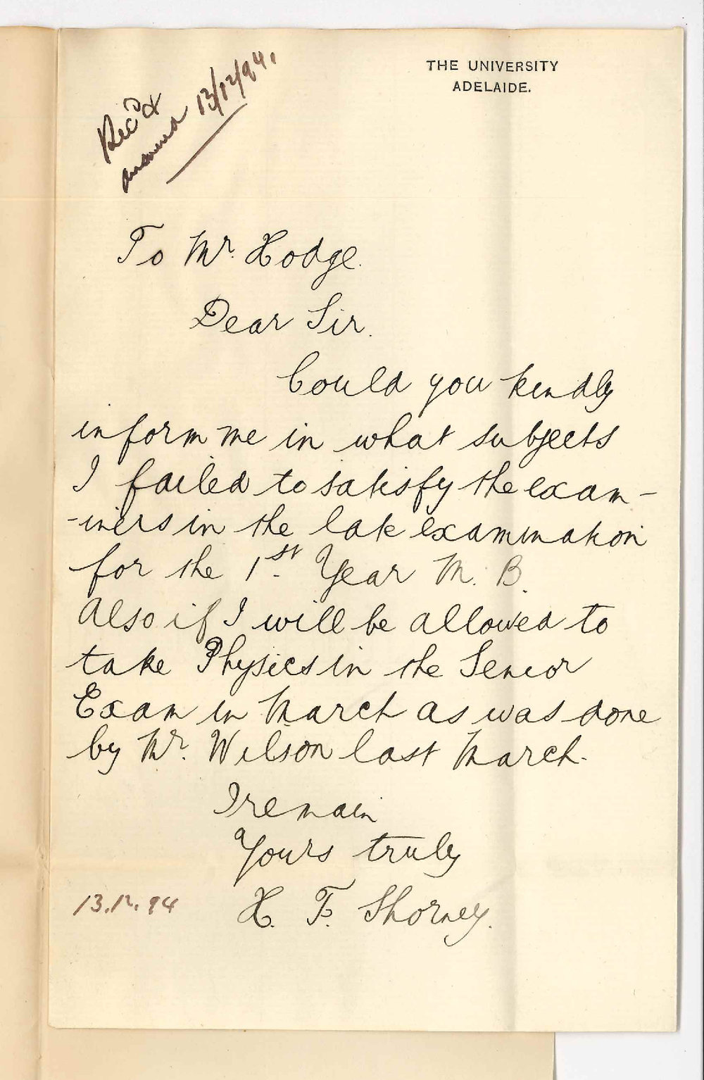 Herbert Frank Shorney - Adelaide - Failure in First Year MB Exam