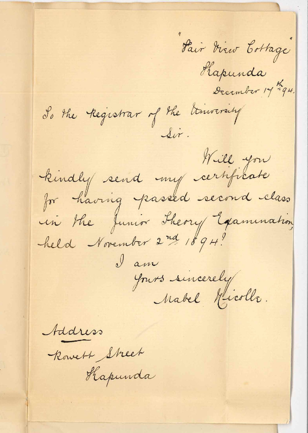 Miss Mabel Nicolle - Rowett Street Kapunda - Re forwarding Junior Theory Music Certificate