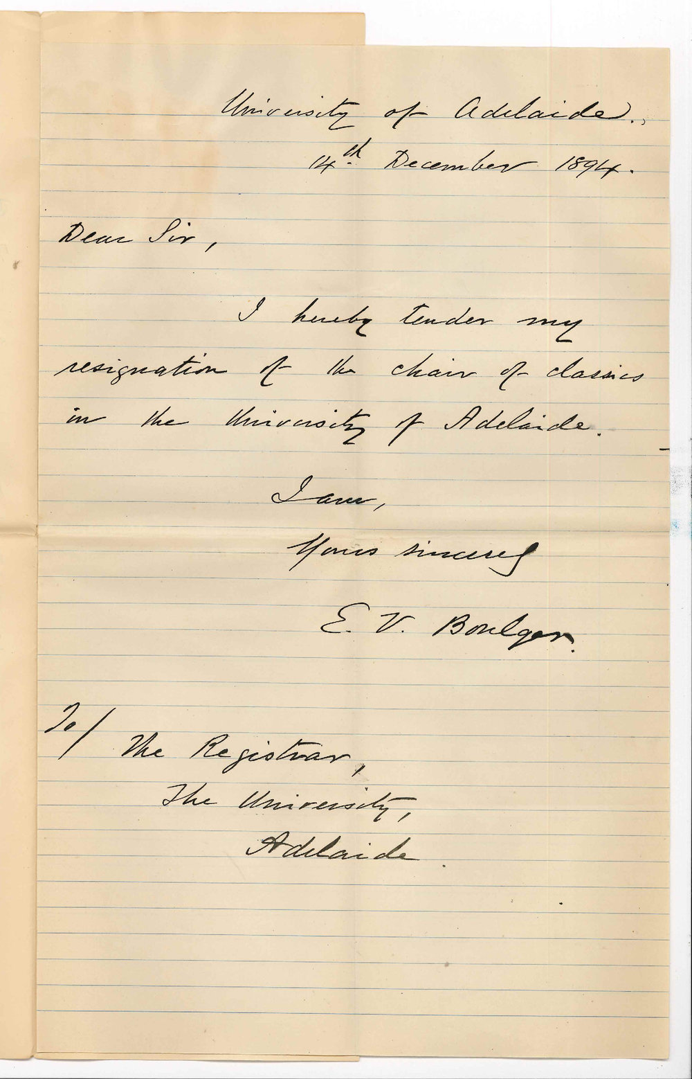 Professor Edward Vaughan Boulger - University - Resigning his position as Professor of Classics