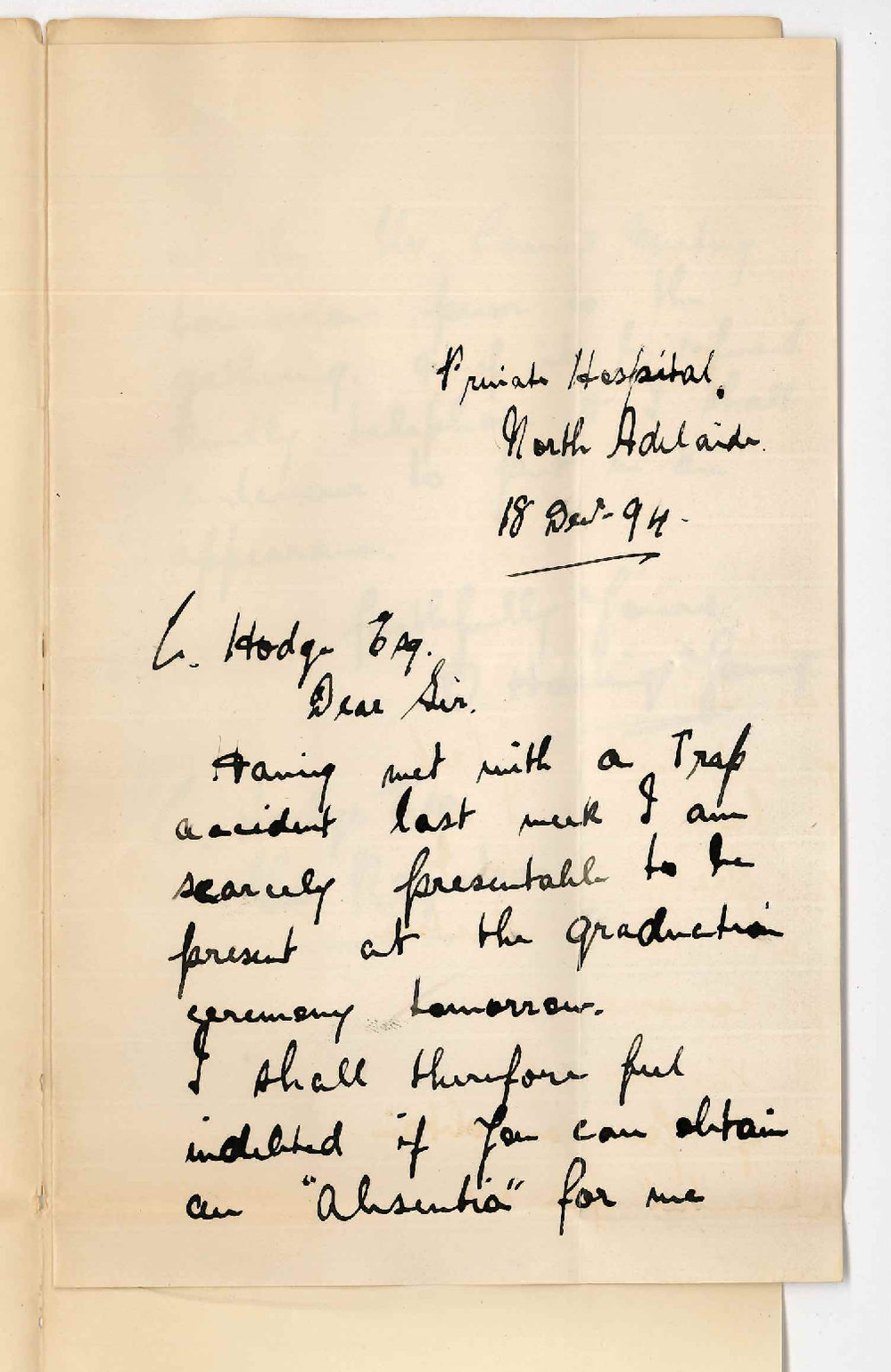 David Hastings Young - North Adelaide - Absence from University Commemoration wishes degree to be conferred in absentia