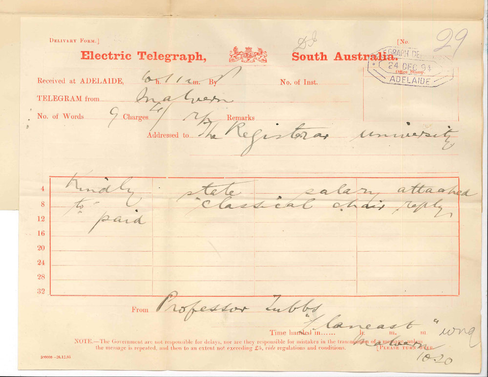 Professor Tubbs - Malvern - Salary of Classical Chair