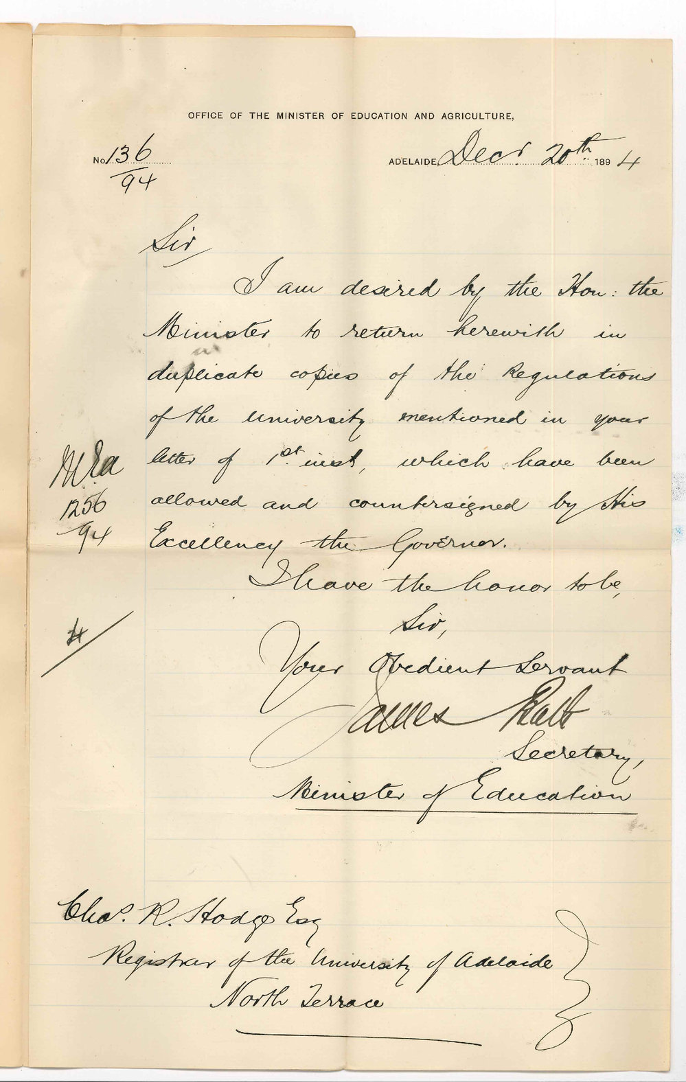 James Bath - Secretary - Office of the Minister of Agriculture and Education - Adelaide - Approval of Regulations