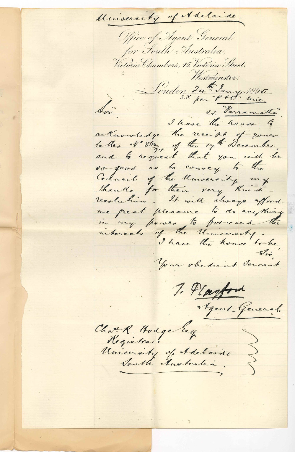 Thomas Playford - The Agent General - Victoria Chambers 15 Victoria Street Westminster London - Acknowledging letter 17/12/1894 containing vote of thanks